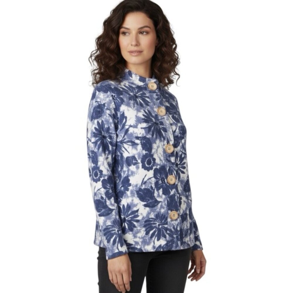 Coldwater Creek Cotton Floral Print Wood Button Cardigan Sweater Top Cottagecore